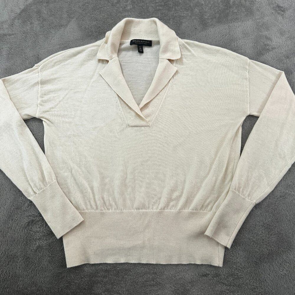 Banana Republic 100% Merino Wool Sweater XS Petite XSP Camp Collar Long Sleeve